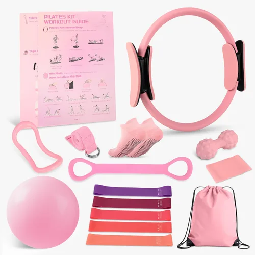 Home Pilates Essentials Kit para mujer – Juego completo con pelota de yoga de 9 pulgadas, banda de resistencia figura 8, bandas de pilates,