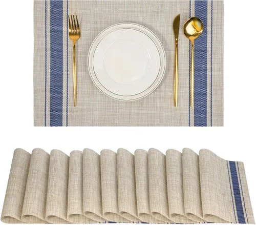 Miniatura 40 de Juego de 6 manteles individuales, antideslizantes, tejido de PVC, fáciles de limpiar, resistentes al calor, para cocina, comedor, decoración Beige