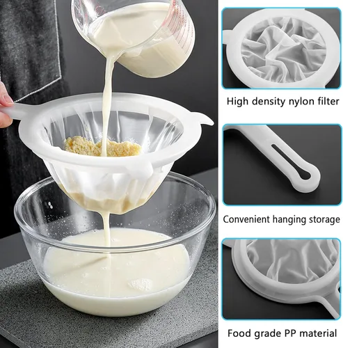 Miniatura 7 de Colador de malla de nailon ultrafino para cocina, colador de malla de yogur, colador de malla de plástico con asa, mini red de separación