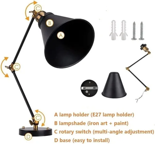 Miniatura 7 de Lámpara de pared plegable con brazo oscilante ajustable, aplique de pared de metal retro industrial para interiores, casa de campo, lámpara de pared
