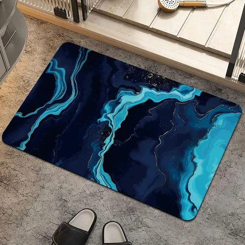 Miniatura 24 de Alfombra de baño, diseño abstracto de mármol azul y dorado, antideslizante, de secado rápido, súper absorbente, delgada, para debajo de la puerta