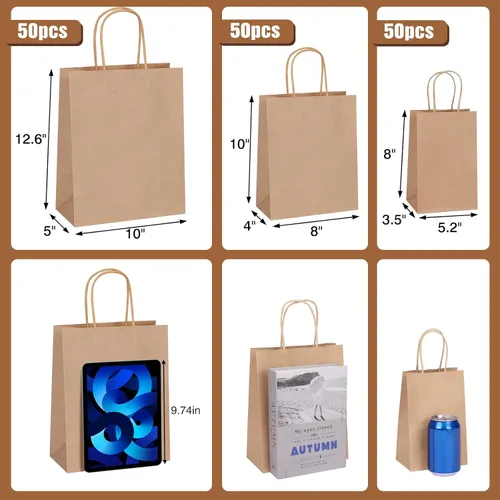 Miniatura 2 de Moretoes 150 bolsas de papel marrón (8/10/12.6 pulgadas), 50 bolsas de regalo de papel kraft con asas a granel, varios tamaños para pequeñas