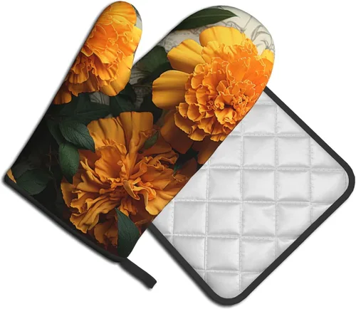 Miniatura 7 de Juego de 2 manoplas de horno y soportes para ollas, resistentes al calor, guantes de horno de cocina, caléndula antideslizantes y agarraderas
