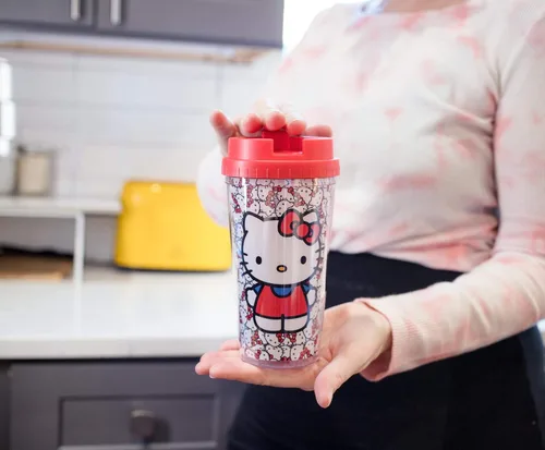 Miniatura 3 de Silver Buffalo Sanrio Hello Kitty Patrón Vaso de Viaje de Doble Pared con Tapa de Cierre Deslizante, 20 Onzas, 16oz Caras por Todas Partes, 1 Unidad