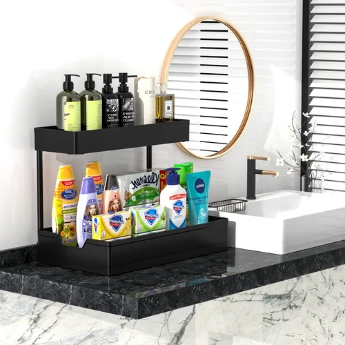 Miniatura 6 de Organizadores y almacenamiento para debajo del fregadero, estante deslizante de 2 niveles, organizador de gabinete de baño con ganchos, taza