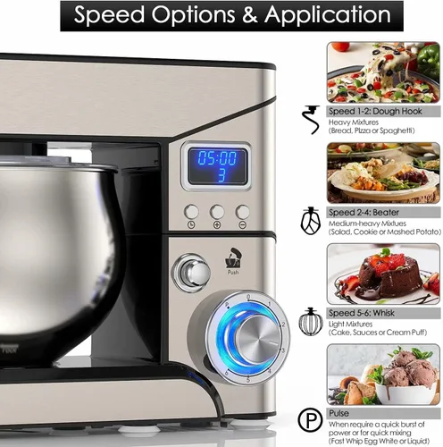 Miniatura 4 de Batidora con soporte, LILPARTNER, Mezclador de acero inoxidable de 5.3-QT con pantalla LCD, mezclador eléctrico de cocina de 6+P velocidades