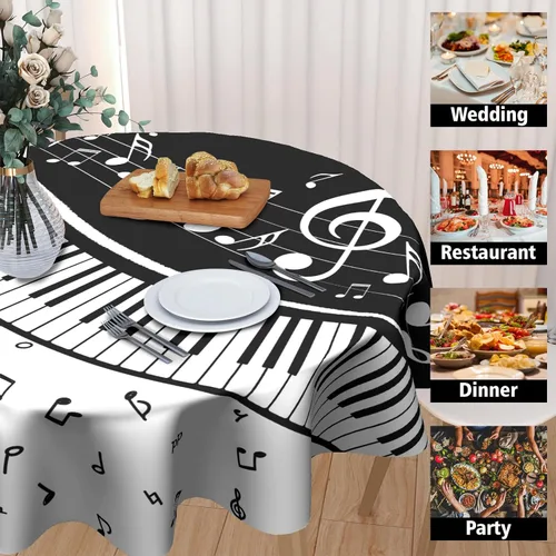 Miniatura 4 de Mantel redondo de música de 60 pulgadas – Mantel de piano clásico negro y blanco para mesa de instrumentos musicales para cocina, patio, picnic al