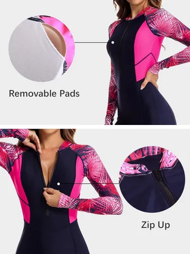 Miniatura 43 de ECUPPER Traje de baño de una pieza de manga larga para mujer, con cierre Boyleg, protector de erupción, cobertura de traje de baño de surf, traje