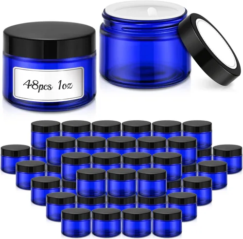 Miniatura 12 de Bumobum - Tarros de vidrio de 1 onza con tapas, paquete de 48 tarros de crema ámbar con tapas negras, etiquetas blancas y negras y revestimientos