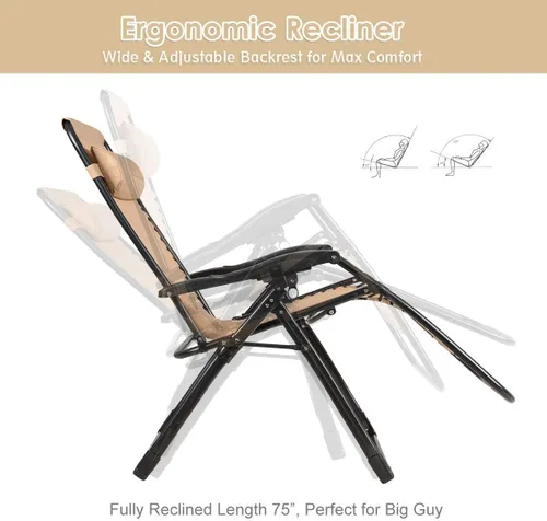 Miniatura 3 de DORTALA Silla Zero Gravity, silla de descanso con soporte para tazas, tela transpirable, reposacabezas desmontable, tumbona resistente de 500 libras
