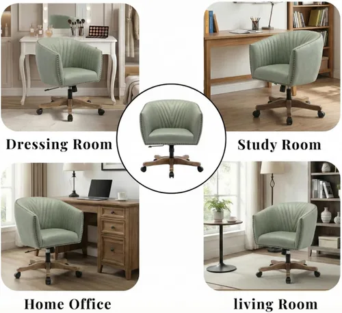 Miniatura 6 de Silla de escritorio de piel sintética verde, silla de escritorio tapizada giratoria con brazo ajustable con cabezas de clavos, cómoda silla