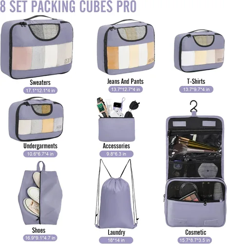 Miniatura 2 de Veken Juego de 8 cubos de embalaje para artículos esenciales de viaje, bolsas organizadoras de maleta en 4 tamaños, accesorios de equipaje de mano