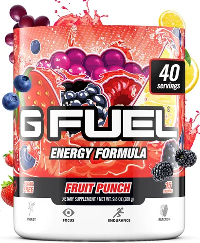 G Fuel Polvo de bebida energética sabor ponche de frutas, mezcla de cafeína para preentrenamiento de juegos, sin azúcar, aminoácidos para el