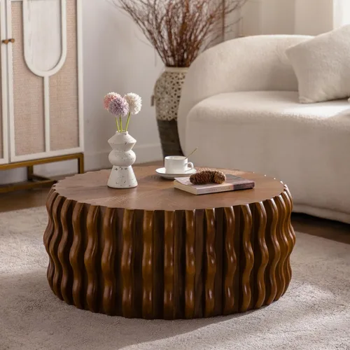 Miniatura 16 de KEVINSPACE Mesa de centro redonda de 35.43 pulgadas para sala de estar, pedestal de madera redonda, mesa de centro para sala, mesa de centro