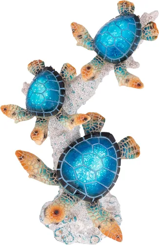 Miniatura 4 de Estatua de tortuga marina triples nadando sobre base de arrecife de coral, figura de polystone inspirada en el océano para decoración del hogar Azul