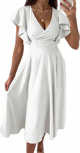 Dokotoo Vestido de fiesta elegante con cuello en V para mujer, vestido de manga corta, vestido de patinadora, vestidos de invitados de boda