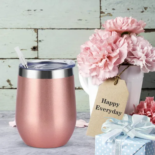 Miniatura 5 de Paquete de 12 vasos de vino de acero inoxidable, 12 onzas, doble pared, aislados al vacío, con tapas y pajitas, copas de vino sin tallo de acero Oro
