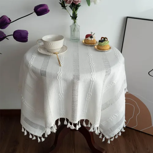 Miniatura 2 de Gernaice Mantel bordado de rayas rústicas y pequeñas con borlas cuadradas de algodón y lino, sin arrugas, lavable, para mesita de noche, café, Blanco