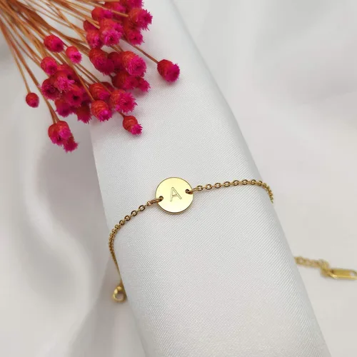 Miniatura 7 de Ovian - Pulsera con dije de inicial para mujer, chapada en oro de 18 quilates, de acero inoxidable, con moneda en forma de disco, letra grabada
