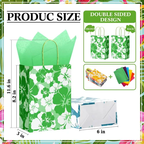 Miniatura 2 de Teling 12 Set Hibiscus Party Favor Hawaiian Themed Paper Bag with Tissues Summer Tropical Gift Tiki Luau Treat Hawaii Goodie Bags with Handles