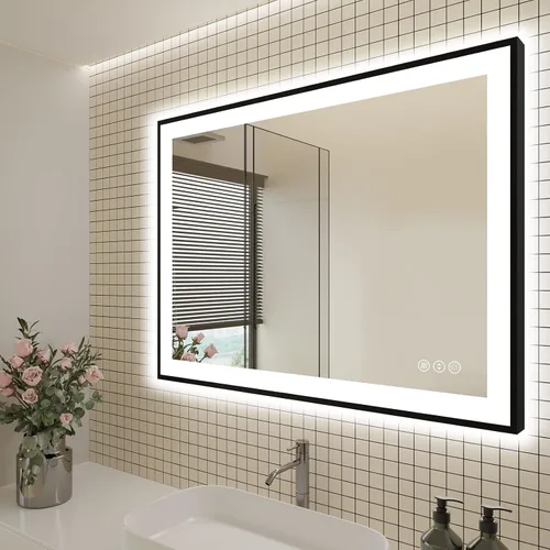 Miniatura 28 de EchosLife Espejos de baño LED de 20 x 28 pulgadas para pared, marco de aluminio negro (frontal y retroiluminado), espejo de tocador antivaho