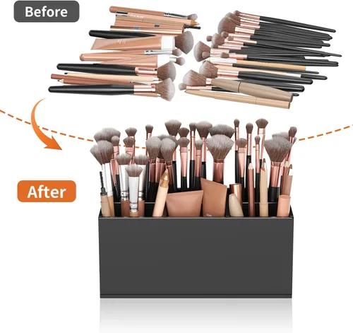 Miniatura 4 de HIIMIEI Organizador Portacepillos de Maquillaje Negro Acrílico de 6 Ranuras Organizador de Almacenamiento para Cepillos Cosméticos para Encimera