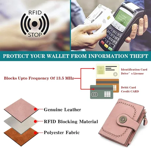 Miniatura 5 de SENDEFN Carteras pequeñas para mujer, con bloqueo RFID, de cuero, plegable, tarjetero con ventana de identificación, 1-Rosa
