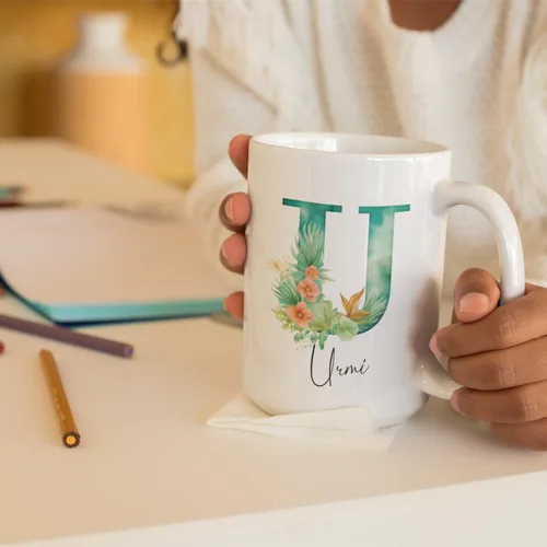 Miniatura 6 de Taza de cerámica blanca con monograma de letra inicial personalizada, alfabeto floral, nombre personalizado y inicial A-Z, taza de café de 11 onzas