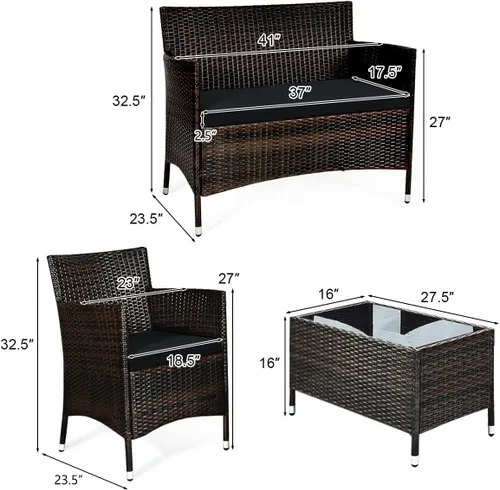 Miniatura 7 de Juego de sofá de patio de 4 piezas, juego de conversación de mimbre con respaldo ergonómico curvo, juego de muebles de ratán para patio con cojín