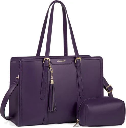 Miniatura 11 de LOVEVOOK Bolsa para laptop para mujer, bolsa de lona ligera de 15.6 pulgadas, bolsa grande para computadora, con bolso de mano, para negocios, Beige