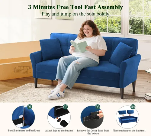 Miniatura 5 de Sofá biplaza de 69 pulgadas, sofás pequeños de terciopelo para espacios pequeños, sofás de dos plazas con 2 almohadas, sofás de dos plazas