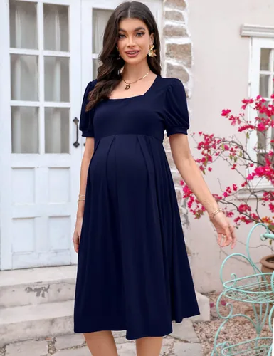 Miniatura 2 de MISSKY Vestidos de maternidad de manga corta para mujer, cuello cuadrado, fruncido, ropa de embarazo para uso diario o baby shower