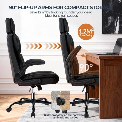 Miniatura 6 de Silla de oficina con reposacabezas ajustable, silla de escritorio ejecutiva de cuero para oficina en casa, con brazos abatibles y soporte lumbar