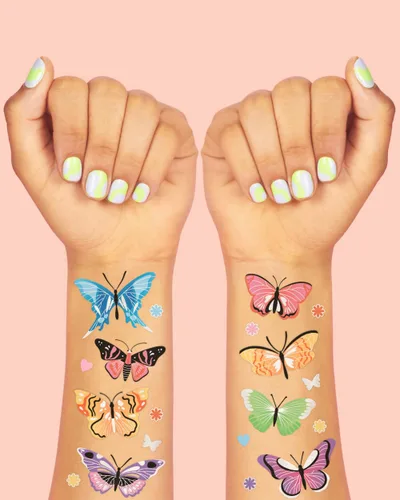 Miniatura 3 de xo, Fetti Tatuajes temporales de mariposa - 46 estilos de purpurina Suministros para fiesta de cumpleaños de hadas arco iris, monarcas, corazones