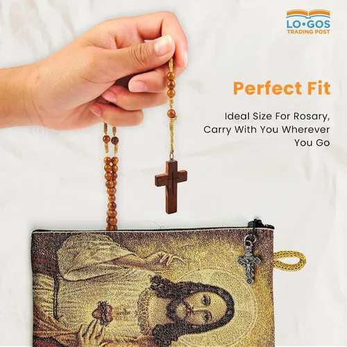 Miniatura 8 de Bolsa de rosario católico, Sagrado Corazón de Jesús y Corazón Inmaculado de María, 4 x 6 pulgadas, joyería y monedero con cruz, pequeña bolsa tejida