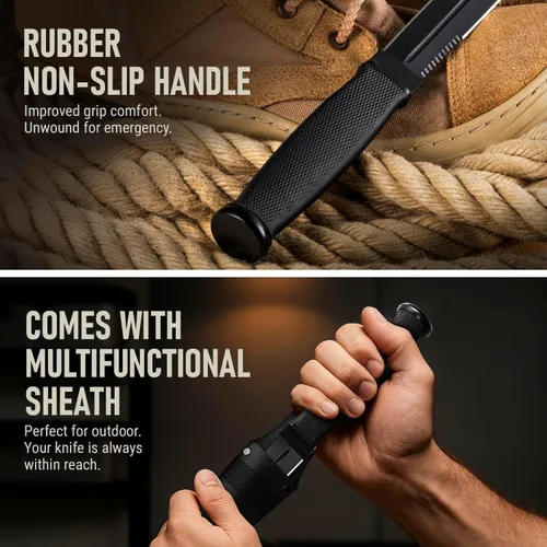 Miniatura 6 de Cuchillo táctico de supervivencia con funda, hoja fija de espiga completa de 6.5 pulgadas, borde dentado, cuchillo de caza con mango de goma 1.