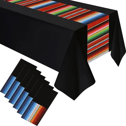 Hosuly Mantel de plástico para fiesta mexicana, 6 unidades, 54 x 108 pulgadas, mantel de plástico a rayas para decoración de fiesta mexicana (fondo