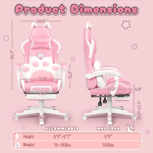 Miniatura 2 de PUKAMI Silla de juegos rosa linda con orejas de gato y cojín lumbar de pata de gato, silla ergonómica para computadora para niña con reposapiés
