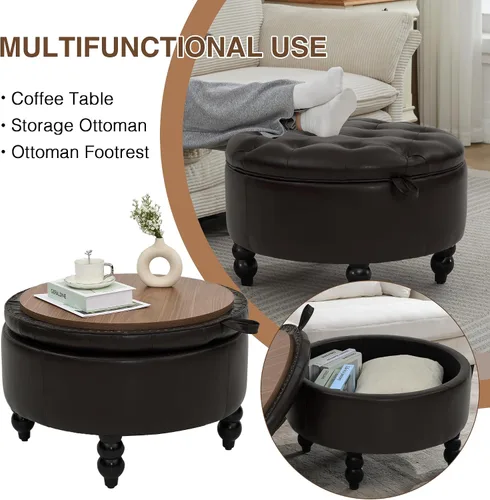 Miniatura 6 de Otomana de almacenamiento redonda de cuero PU de 30 pulgadas con bandeja, mesa de centro moderna tapizada con capitoné con almacenamiento, otomana