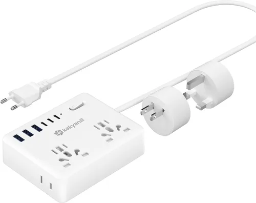 Miniatura 9 de Kakyanill Adaptador de enchufe de viaje europeo, Adaptador de enchufe de viaje EU/UK/US, Regleta de alimentación con 6 tomas AC, 4 puertos USB