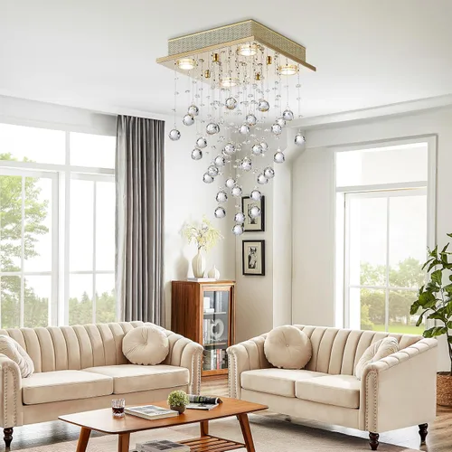 Miniatura 8 de Bestier - Candelabro dorado moderno de cristal cuadrado con gotas de lluvia, iluminación pareja para montaje; lámpara LED colgante con montaje