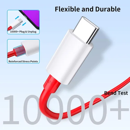 Miniatura 7 de COOYA Cable de carga USB C de 80 W para carga súper vooc para OnePlus 15 13 12, 10A USB A a USB C cable de carga para OnePlus 7 Pro 8 7T, tipo C
