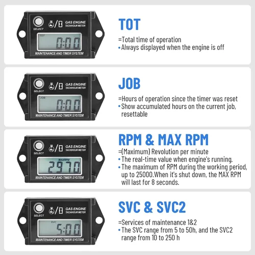 Miniatura 6 de CarBole Tacómetro Digital de Horas, Tacómetro de Horas para Motor Pequeño, Medidor de Calibre RPM para Cortacésped, Esquís, Moto de Cross, Barco