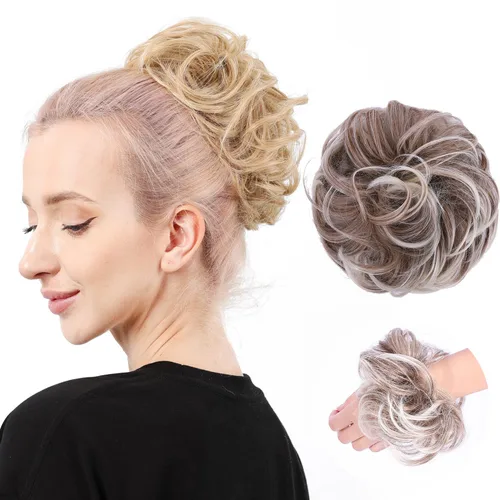 Miniatura 18 de Moño de cabello despeinado castaño, moños desordenados falsos sintéticos, moño rizado, moño recogido y moño, extensiones de cabello envolvente