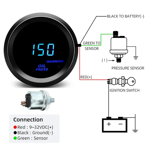 Miniatura 7 de Medidor de presión de aceite de 2 pulgadas = 52 mm con kit de emisor LED azul digital para automóvil de 12V (negro)