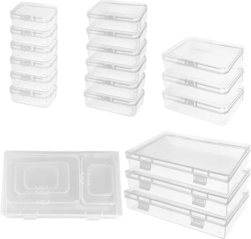 Paquete de 24 cajas de almacenamiento pequeñas de plástico con tapas con bisagras, contenedores organizadores apilables transparentes en 4 tamaños