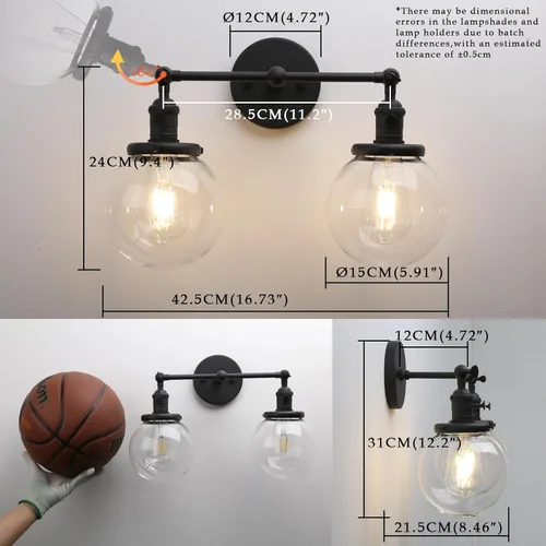 Miniatura 8 de Phansthy Aplique de pared de vidrio industrial de 2 luces, lámpara de pared de baño con interruptor de encendido y brazo oscilante, pantalla de Negro