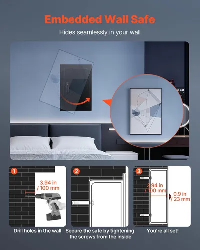 Miniatura 6 de VEVOR Caja fuerte de pared oculta de 3 niveles con huella digital, contraseña, llave y perilla giratoria, Q235 caja de pared de acero laminado