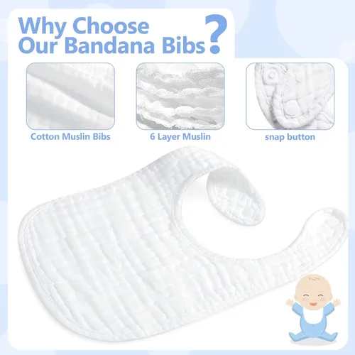 Miniatura 3 de Zhanmai Paquete de 20 baberos de muselina ajustables para bebé, color blanco, 6 capas absorbentes para recién nacidos, niñas, niños, alimentación