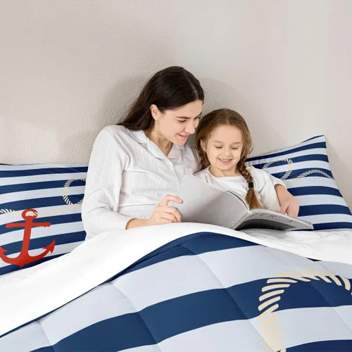 Miniatura 9 de Manfei Juego de edredón con ancla náutica para niños tamaño Twin, juego de ropa de cama con cuerda de cáñamo de rayas azules y blancas para niños